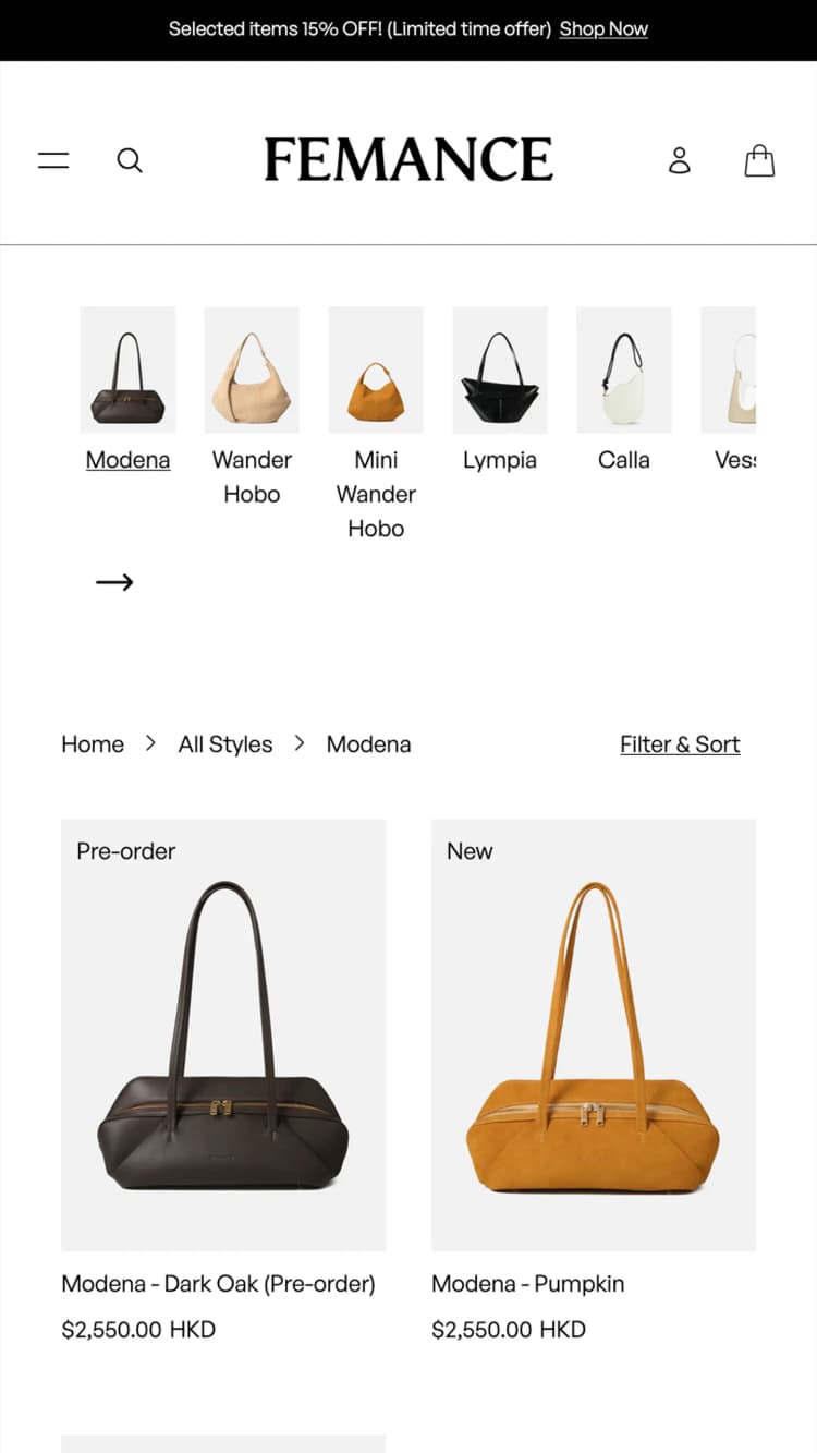 FEMANCE Collection Page Mobile Version